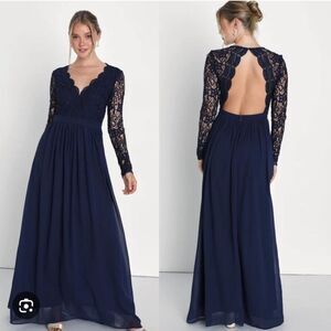 Navy Lace-Back Long Sleeve Maxi Dress